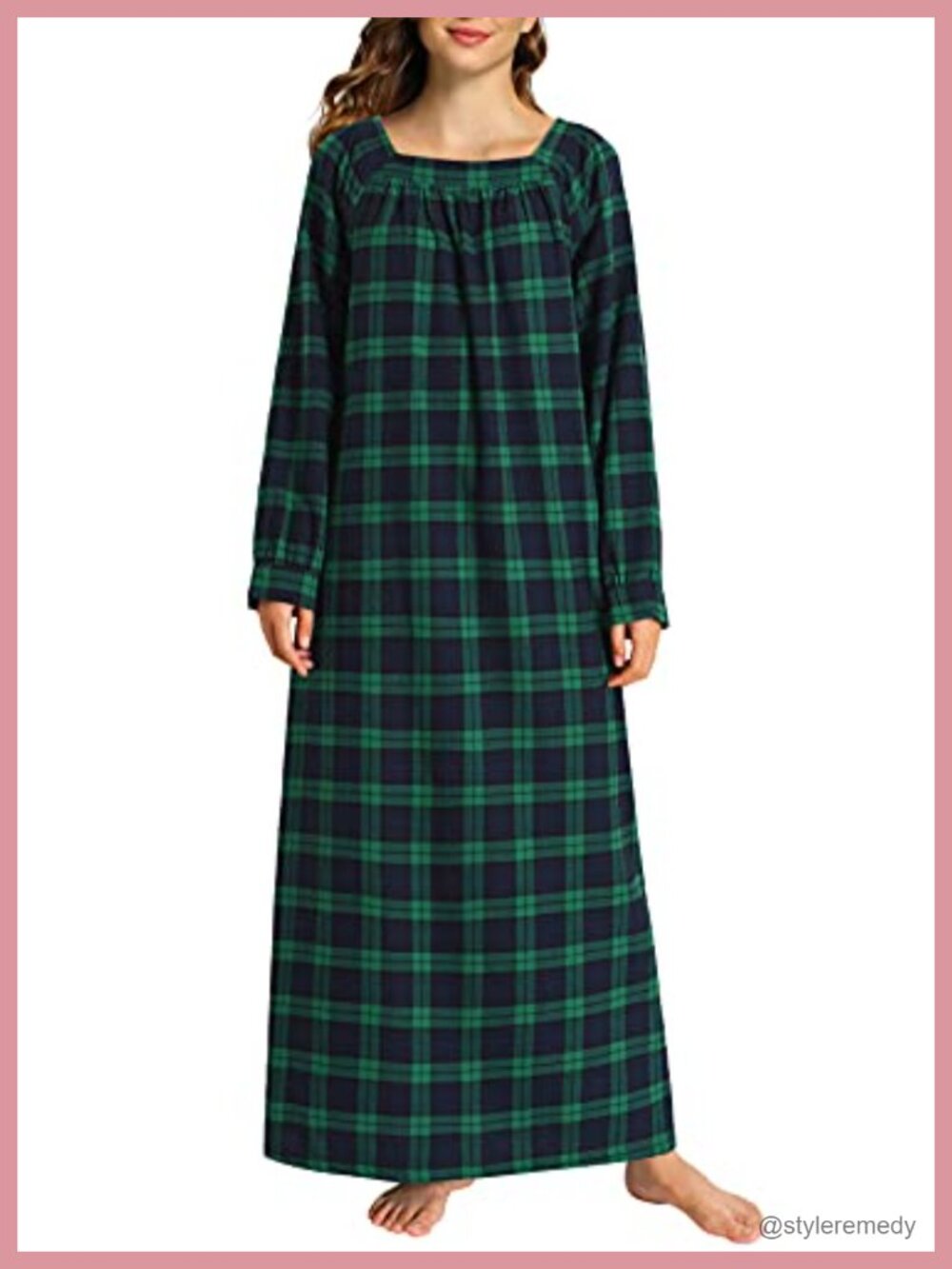 Cotton Flannel Long Sleeve Plaid Nightgown Full Length Square Neck